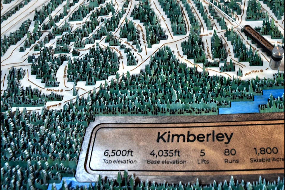 Slopeside Design, founded by Ash and Jiselle Olsson, have created this wooden map of Kimberley Alpine Resort that is on display and available to win at Mark Creek Market.