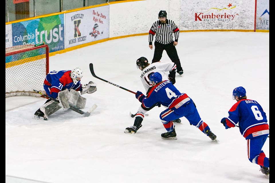 Nate Tillmanns drives the puck to the net. Paul Rodgers/Kimberley Bulletin.