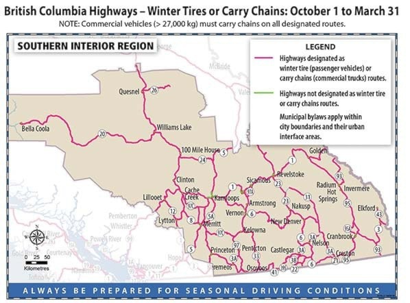 BC HIghways - Winter Tires or Carry Chains: October 1 to March 3