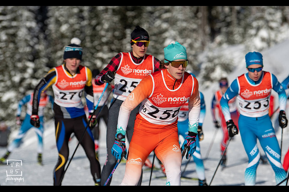 Raleigh Tarte skiing the skate mass start race on Sunday at Sovereign Lake. Photo by Doug Stephen