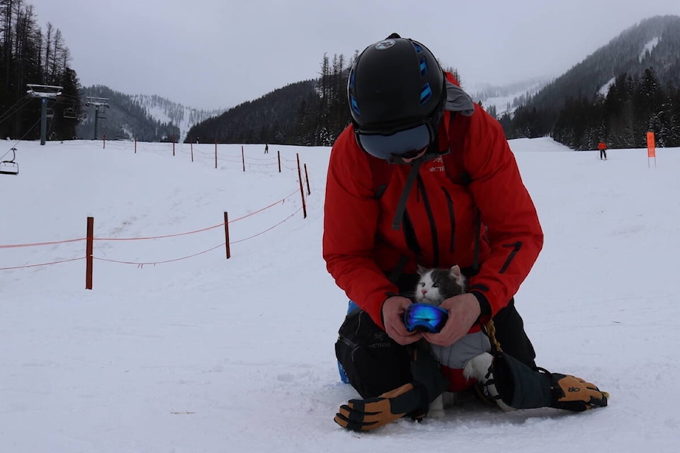 James Eastham fits some little ski goggles onto his cat, Gary. Gary is a social media star, with an Instagram account called ‘greatgramsofgary’ at around 431,000 followers. The pair were at the Fernie Alpine Resort on Dec. 20, 2021, as part of a larger social media ambassadorship tour of Resorts of the Canadian Rockies. (Joshua Fischlin/The Free Press)
