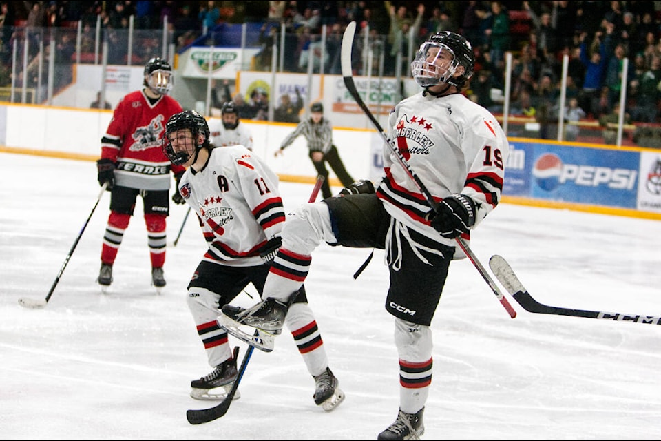 Campbell McLean celebrates his game-winning goal over the Fernie Ghostriders. Paul Rodgers photo.