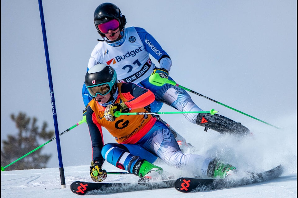 Kimberley’s Kalle Ericsson and his guide Sierra Smith at the Canadian Para-Alpine Slalom Championship Race. Steve Hilts photo.
