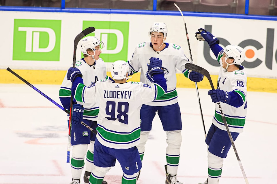 The Vancouver Canucks’ top prospects opened the 2023 Young Stars Classic with a 7-1 victory against the Calgary Flames on Friday, Sept. 15, at the South Okanagan Events Centre in Penticton. (Photo- Jennifer Small)