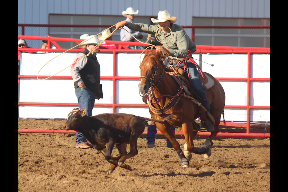 Coy Skocdopole from Big Valley landed in fourth place in the tie-down roping category during opening night of the Ponoka Stampede.
(Mark Weber/Ponoka News)