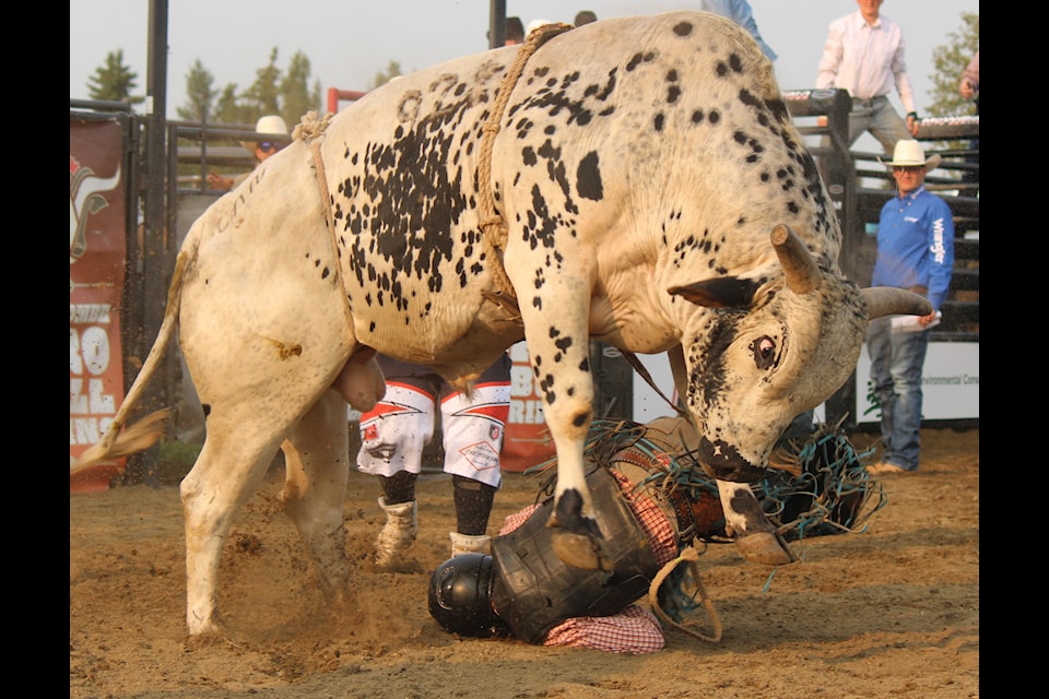 Finger Roll (from X6 Ranch) was looking pretty fierce as rider Troy Adams hunkered down.
(Mark Weber/Lacombe Express)