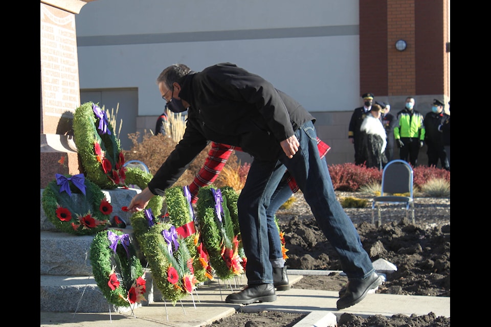 Family and loved ones paid respects laying wreaths at the Lacombe Cenotaph in honour of those who have served and are currently serving in Canada’s Military. (Christi Albers-Manicke/LACOMBE EXPRESS)