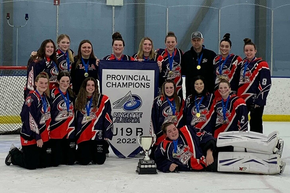 The Lacombe Edge, U19B ringette team finished off their season in Airdrie on March 27. (Submitted)