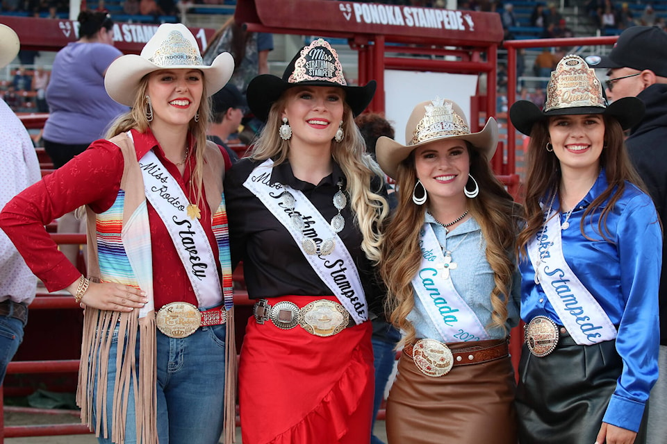 L-R: Miss Rodeo Stavely Jasmine Dahl, Miss Strathmore Stampede Martina Holtkamp, Miss Rodeo Canada Jayden Calvert and Miss Ponoka Stampede Mackenzie Skeels. (Janaia Hutzal/For Ponoka News)