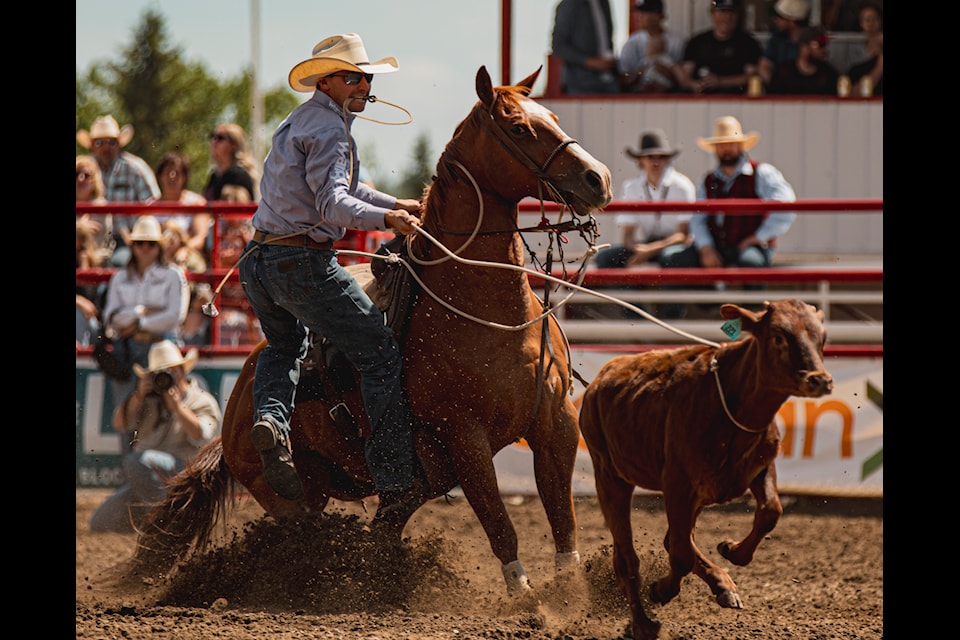 Nebraska cowboy Riley Wakefield is having a great year taking in three events at Ponoka Stampede (tie down roping, steer wrestling, and team roping) and doing well in two of them. He's got a long list of Canadian rodeos he's taking in this year and he's taking a long-term view of his season. 
(Carlie Borris photo)