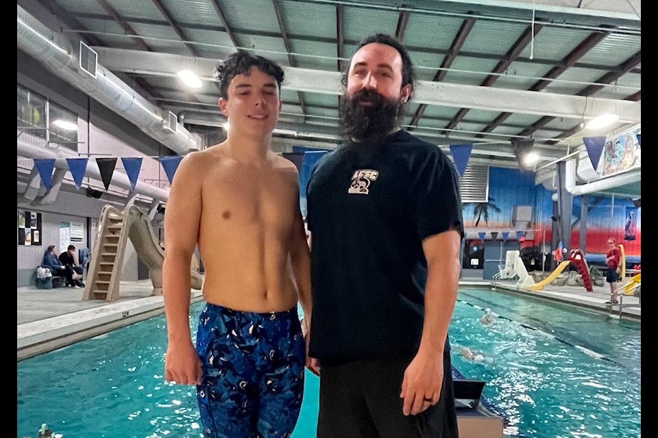 Colton Gonzales, pictured with his father and head coach of the Ladysmith Chemainus Orcas Swim Club, has been named SwimBC's Provincial Male Swimmer of the Year for 2024.