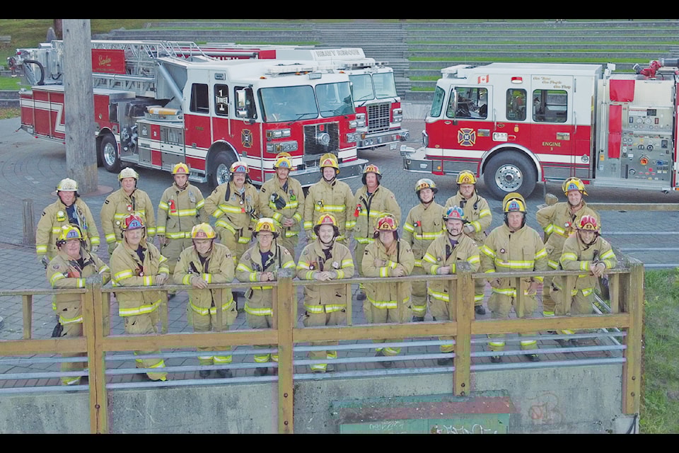 Front row, from left: Barry Davidson, lieutenant David Giles, Britt Gillett, Ron Moore, Keenan Pringle, chief training officer Dan Cross, Cam Phillips, Barry Hartl, and lieutenant Chad Arsenault. Back row, from left: department chief Chris Geiger, deputy chief Matt Rickett, John Goodman, lieutenant Dwain King, Wayne Johnston, Brad Harder, lieutenant Owen Burt, Trent Dunlop, Dan Gillard, James McAdam. Not pictured: Cristian Barath, Jag Basi, Paul Hotte, captain Mike Smith and Jamie Svendsen.