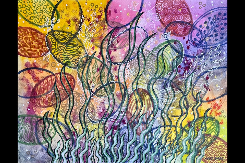 A vibrant watercolour by Inez Braz of the Chemainus Art Group explores underwater plant life with rich layers of pattern, texture and flowing organic shapes.
