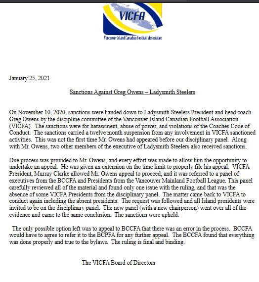 VICFA statement on sanctioning Greg Owens. (VICFA)