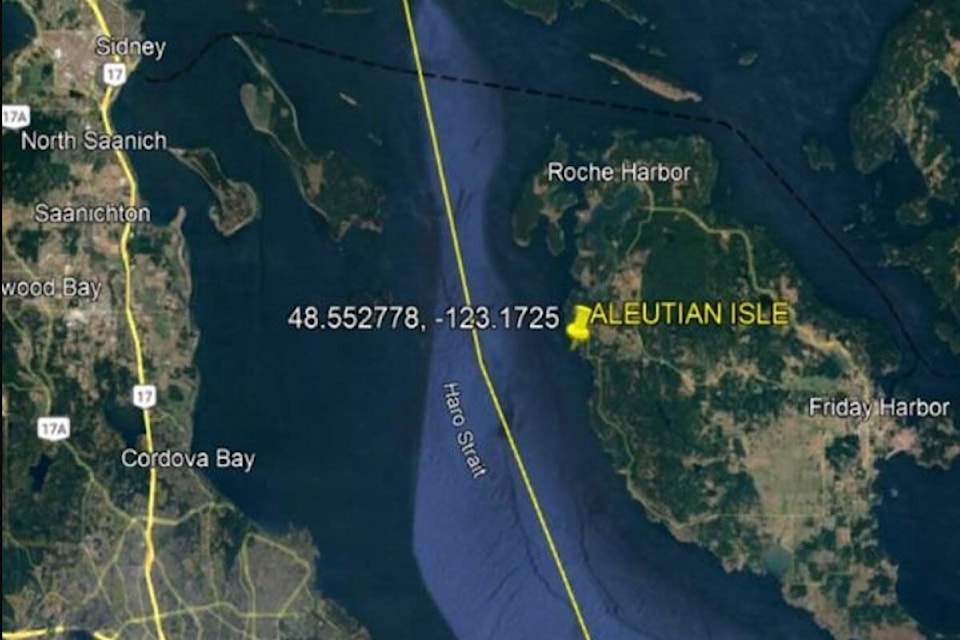 The location of the Aleutian Isle fishing boat that sank on Aug. 13, causing a fuel spill off the west coast San Juan Island near Greater Victoria. (Washington state Department of Ecology)
