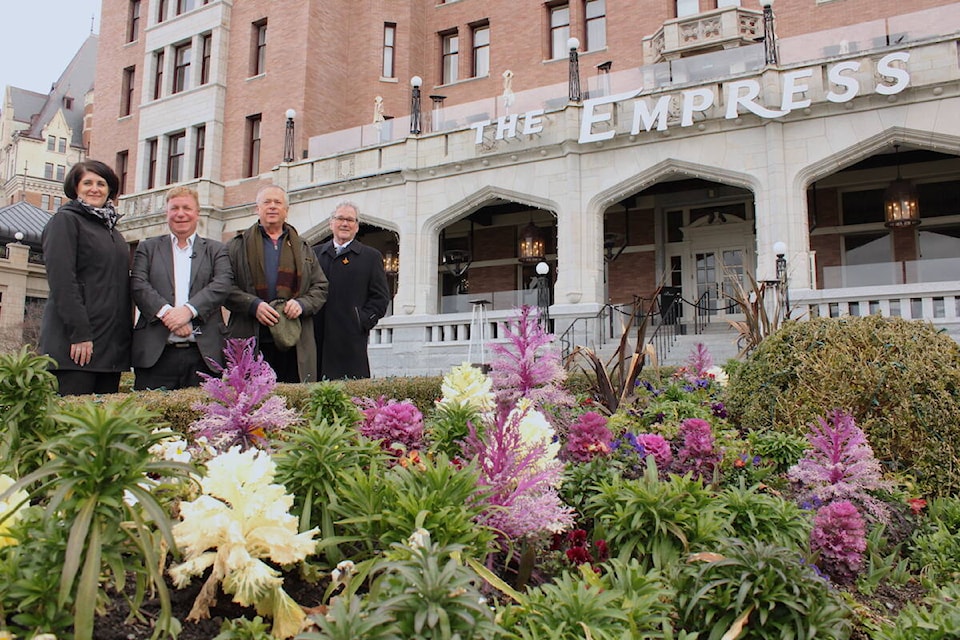 Fairmont Empress’ Victoria Dyson, left, Destination Greater Victoria’s Paul Nursey, Colwood Coun. Dave Grove and Greater Victoria Chamber of Commerce CEO Bruce Williams at the launch of the 2023 Greater Victoria Flower Count, which begins on March 8. (Jake Romphf/News Staff)