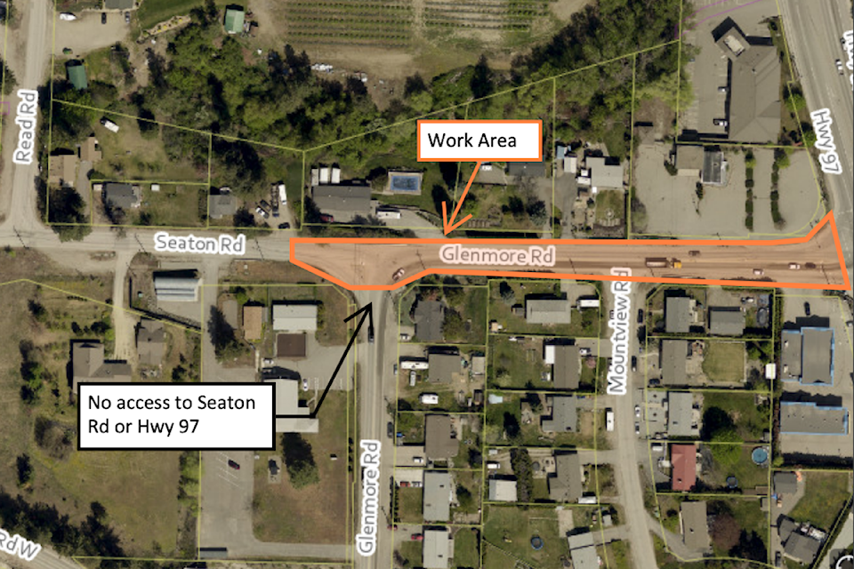 Glenmore Road from Highway 97 to Seaton Road will be closed from 7 p.m. to 6 a.m. from April 9-14 as the District of Lake Country resurfaces the road.