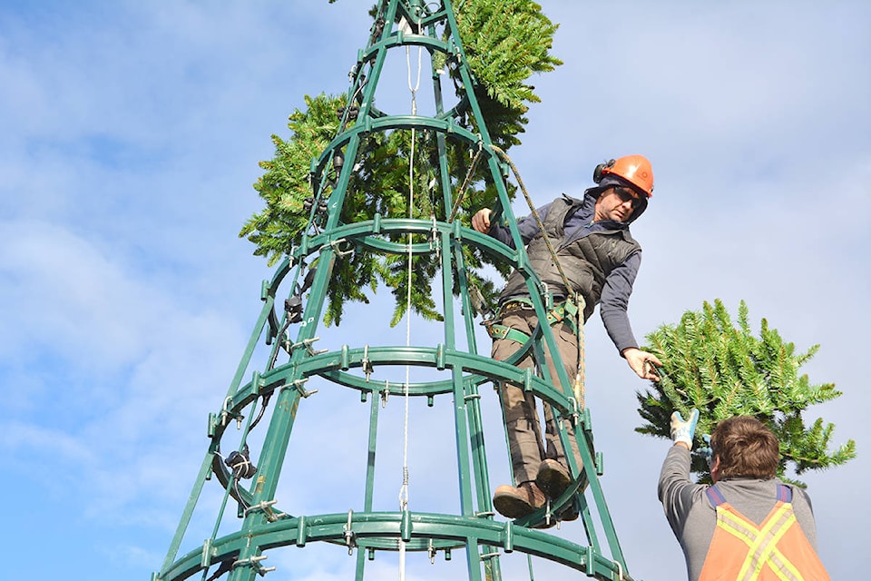 Jay Schlosser, with the City of Kelowna, is handed part of a Christmas tree Wednesday which will be lit for the annual Kelowna Downtown Light Up Dec. 1. - Carli Berry/Capital News