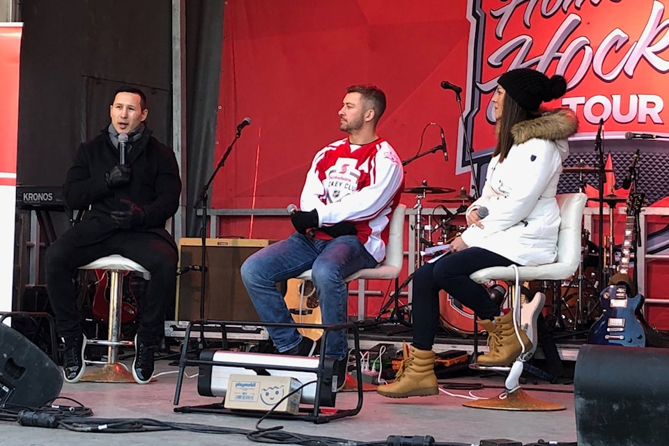 Jordin Tootoo and Josh Gorges speak about their hockey experiences with Hometown Hockey co-host Tara Slone. Photo: Mackenzie Britton/Capital News