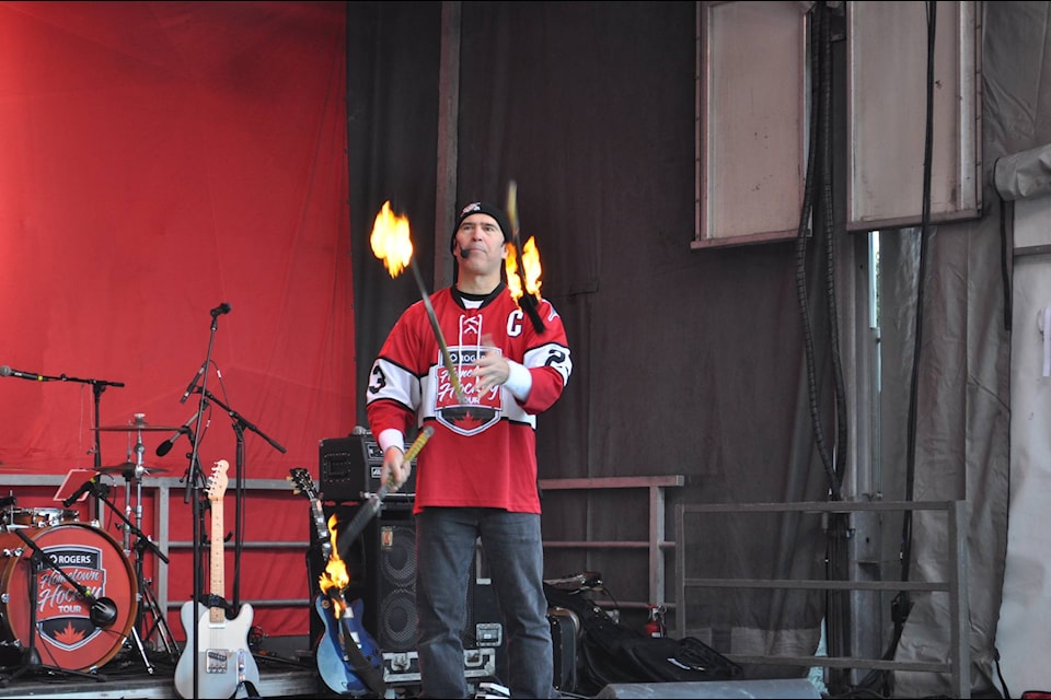 PAZ from the Hockey Circus Show entertains the fans during the festivities. Photo: Mackenzie Britton/Capital News