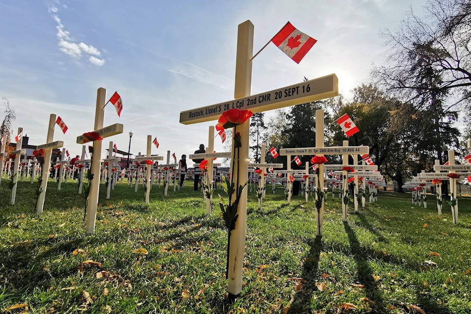 One of 240 crosses commemorating fallen veterans at the Kelowna Field of Crosses Memorial Project in City Park. (Michael Rodriguez - Kelowna Capital News)
