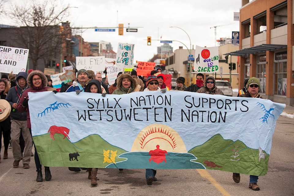 Hundreds of people from all cultures and ethnicities came together to show their support for the Wet’suwet’en First Nation by marching through downtown Kelowna last Sunday. (Michael Rodriguez - Capital News)