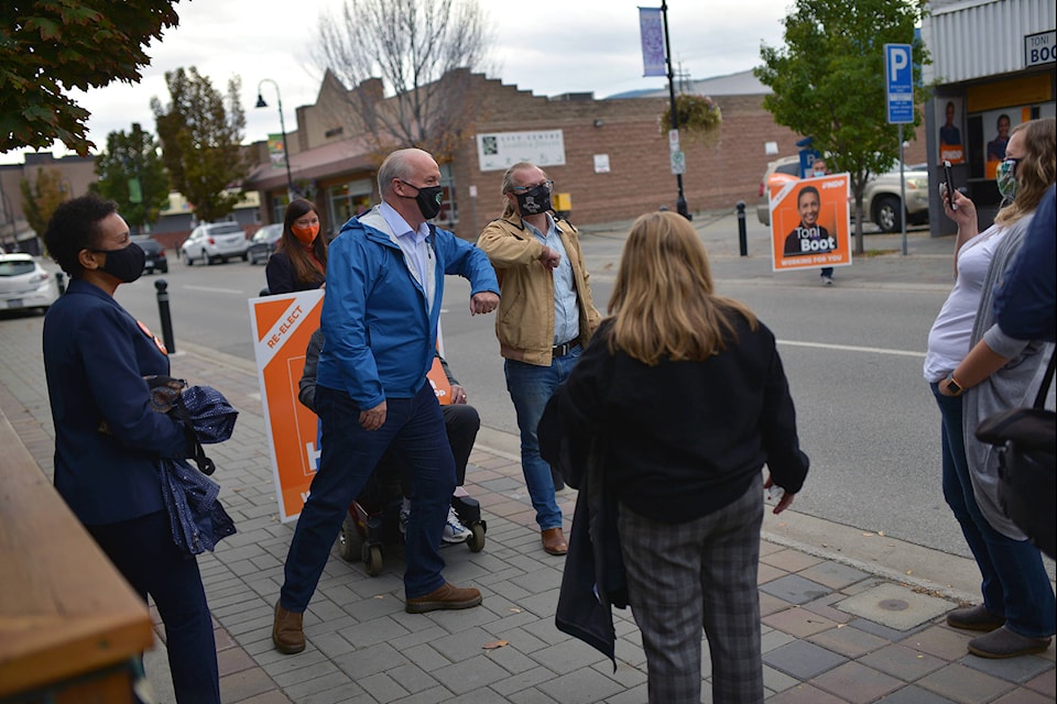 On a tour through B.C.’s interior on Oct. 17, John Horgan visited Penticton today, talking with supporters and volunteers. (Phil McLachlan - Kelowna Capital News)