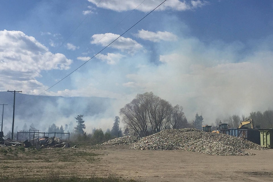 Fire crews from Armstrong Spallumcheen and BX Swan Lake trying to control a wildfire that’s gotten out of control in Spallumcheen behind the Tolko mill on Otter Lake Cross Road and Pineridge Road. (Caitlin Clow - Morning Star)