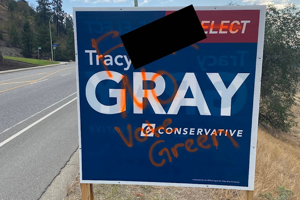 Conservative candidate Tracy Gray’s election signs were found vandalized on Thursday morning, Aug. 19. (Contributed)