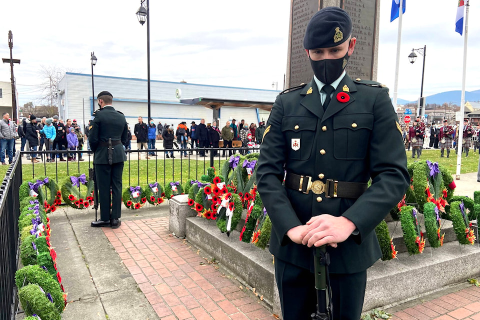 The Remembrance Day ceremony at Vernon’s Cenotaph Park was limited but still drew crowds on the streets. (Jennifer Smith - Morning Star)