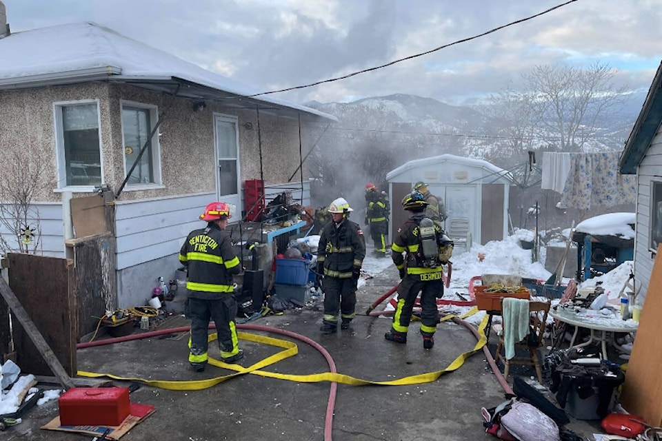 A fire started Friday morning at a home on Okanagan Avenue in Penticton. (B.S Phillips - Western News) Fire on Okanagan Ave. Penticton (B.S Phillips/ Penticton Western News)