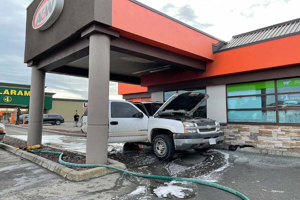Vehicle fire at drive-thru in Kelowna. (Jordy Cunningham/ Capital News)