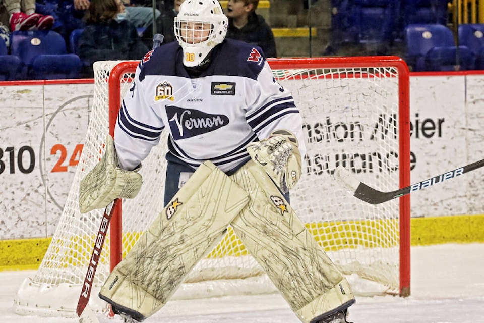 Ethan David made 22 saves for his third shutout of the season as the Vernon Vipers blanked the Prince George Spruce Kings 2-0 in BCHL action Wednesday, March 2, at Kal Tire Place. (Lisa Mazurek - Vernon Vipers photography)