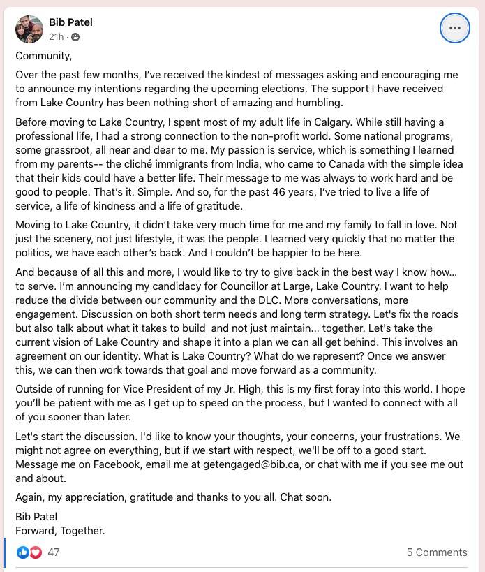 Bib Patel announces his intentions to run for Lake Country Council on Facebook August 2 (Facebook)