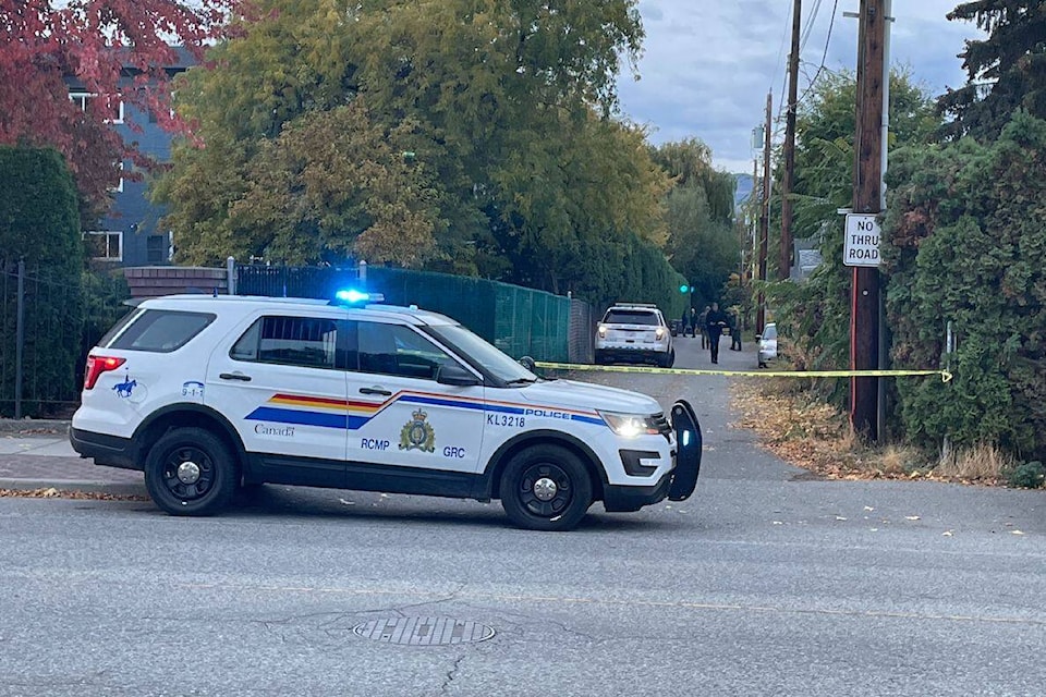A heavy police presence has taken over the area of Bowes and Sutherland in Kelowna on Tuesday morning, Nov. 1 (Photo - Gary Barnes/Capital News)