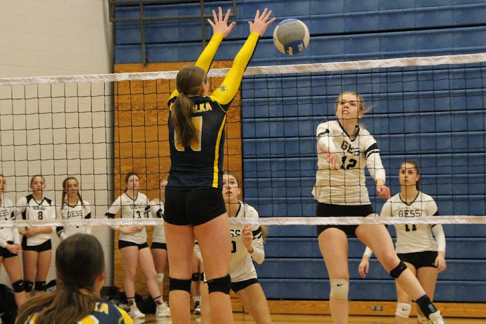 Lake Country’s George Elliot Coyotes (in white) are the hosts for the annual B.C. Senior Girls AAA Volleyball Championships starting Thursday, Dec. 1. The tournament has drawn 15 teams plus the host Coyotes to the Central Okanagan. (Morning Star - file photo)