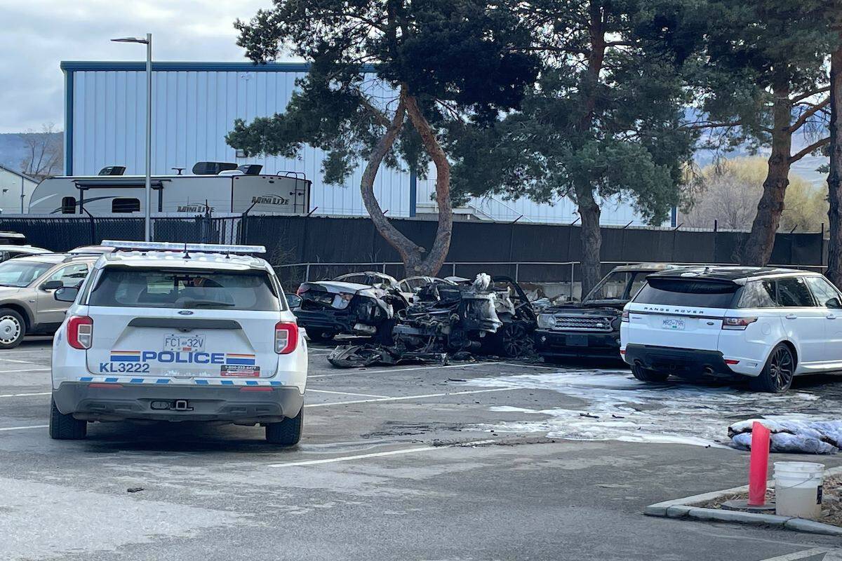 Several vehicles were found on fire behind the Volvo dealership (800 Finns Rd.) in Kelowna around 10:20 p.m. Tuesday April 11, 2023. (Jordy Cunningham/Capital News)