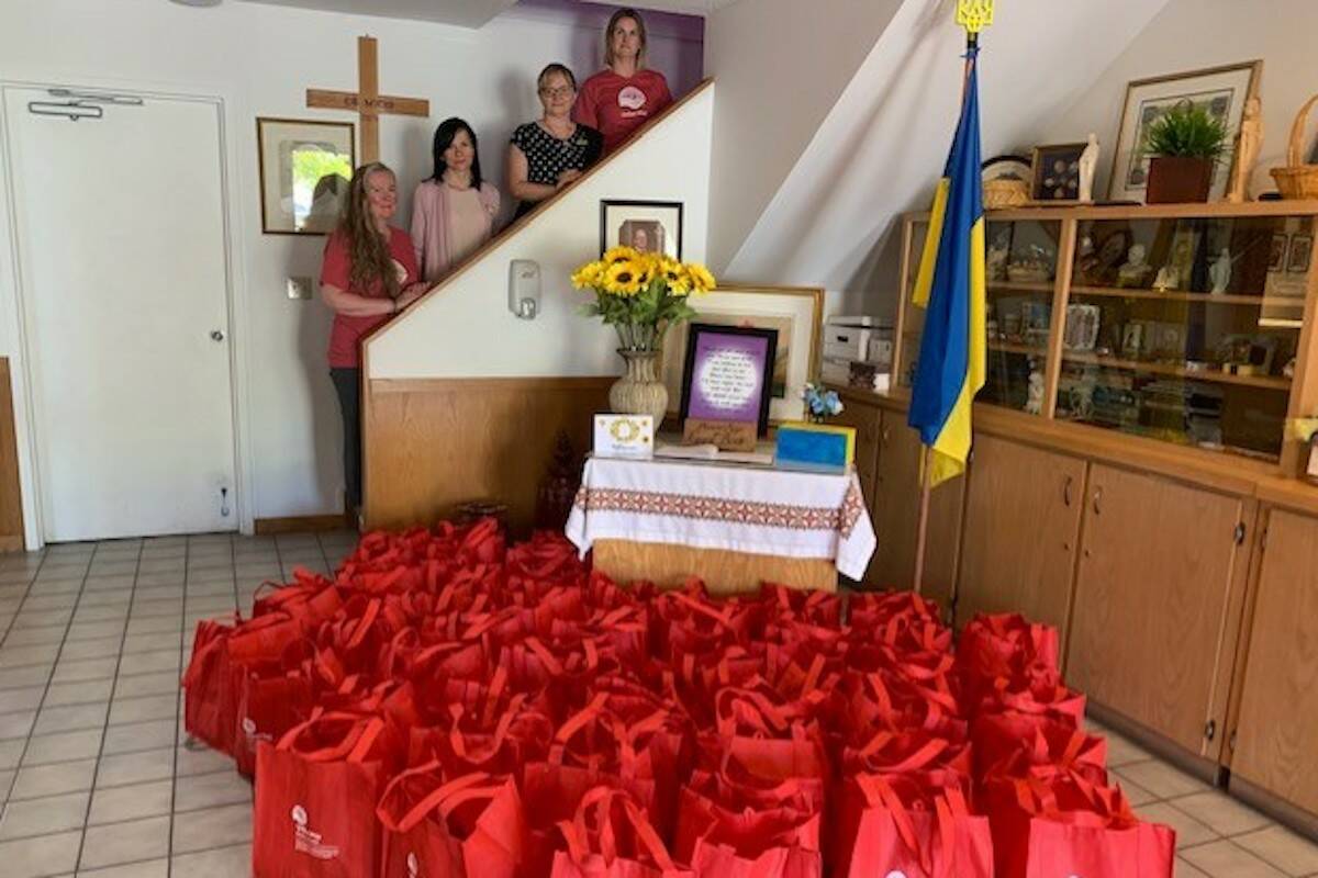 (L-F): Jacqueline Burgess (United Way), Oksana Udalova (Manager Catholic Ukrainian Church), Lydia Zagalioyk (We Help Ukraine), Ainsley Tymchyna (United Way). (Contributed).
