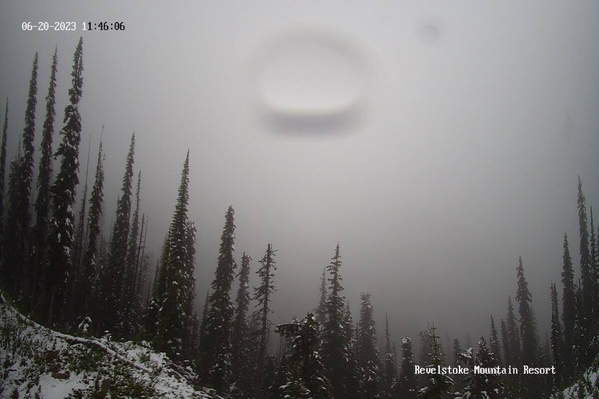 Some snow visible near the top of the Ripper Chair at Revelstoke Mountain Resort, June 20, 2023. (Revelstoke Mountain Resort Webcam)