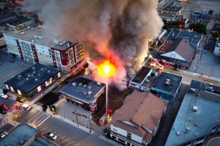 Six businesses in downtown Vernon were destroyed by an early morning fire Tuesday, July 4, 2023. (Shawn C. Goodison photo)