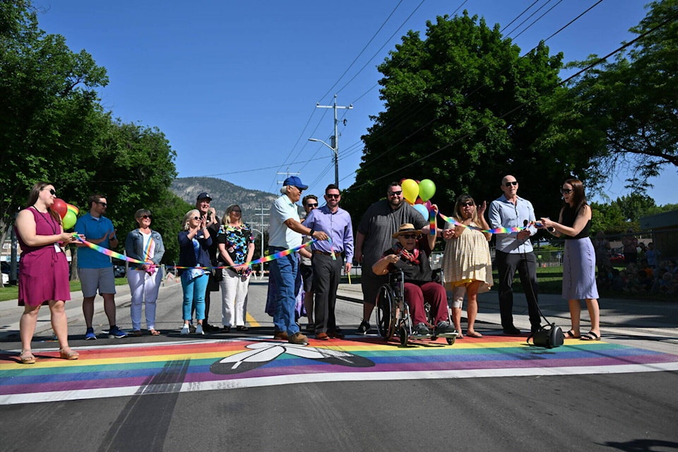 Gramma Grace Greyeyes offered a blessing and a prayer at the opening of the rainbow 2-spirit crosswalk at Queen’s Park Elementary. (Brennan Phillips Western News)