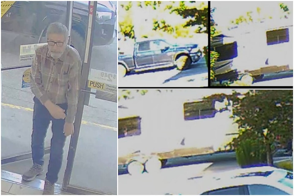Left: Robert Bolton from surveillance images at a gas station in Merritt and surveillance images of the dark blue 2012 Dodge 2500, BC Licence SJ2708, pulling a fifth-wheel after picking up Robert Bolton in Chilliwack on June 30. (Surrey RCMP)