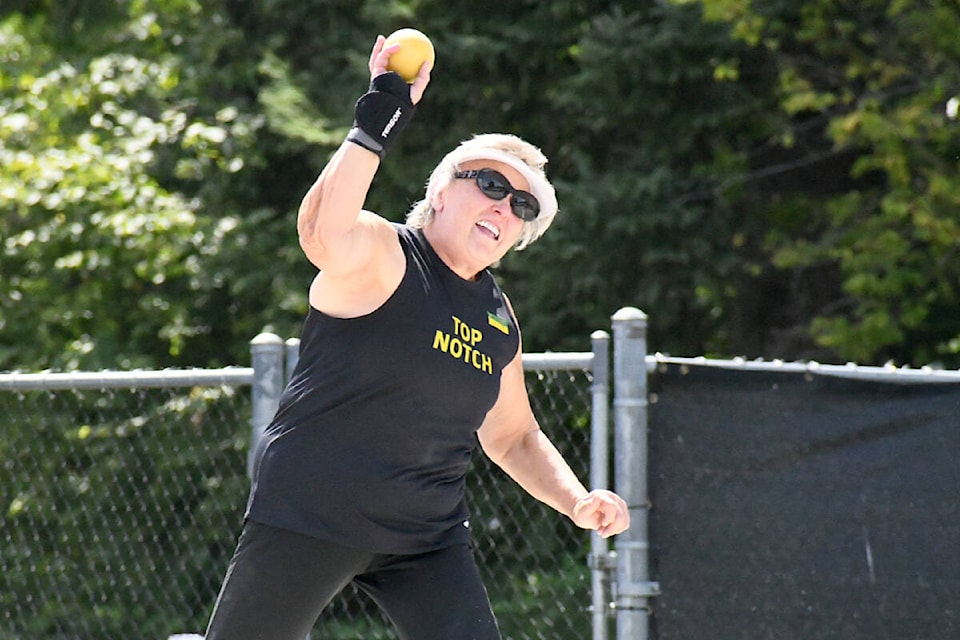 A competitor in shot put at the Canadian Masters Track and Field Championships in Langley on Friday, Aug. 11. The games continued through until Sunday. (Matthew Claxton/Langley Advance Times)