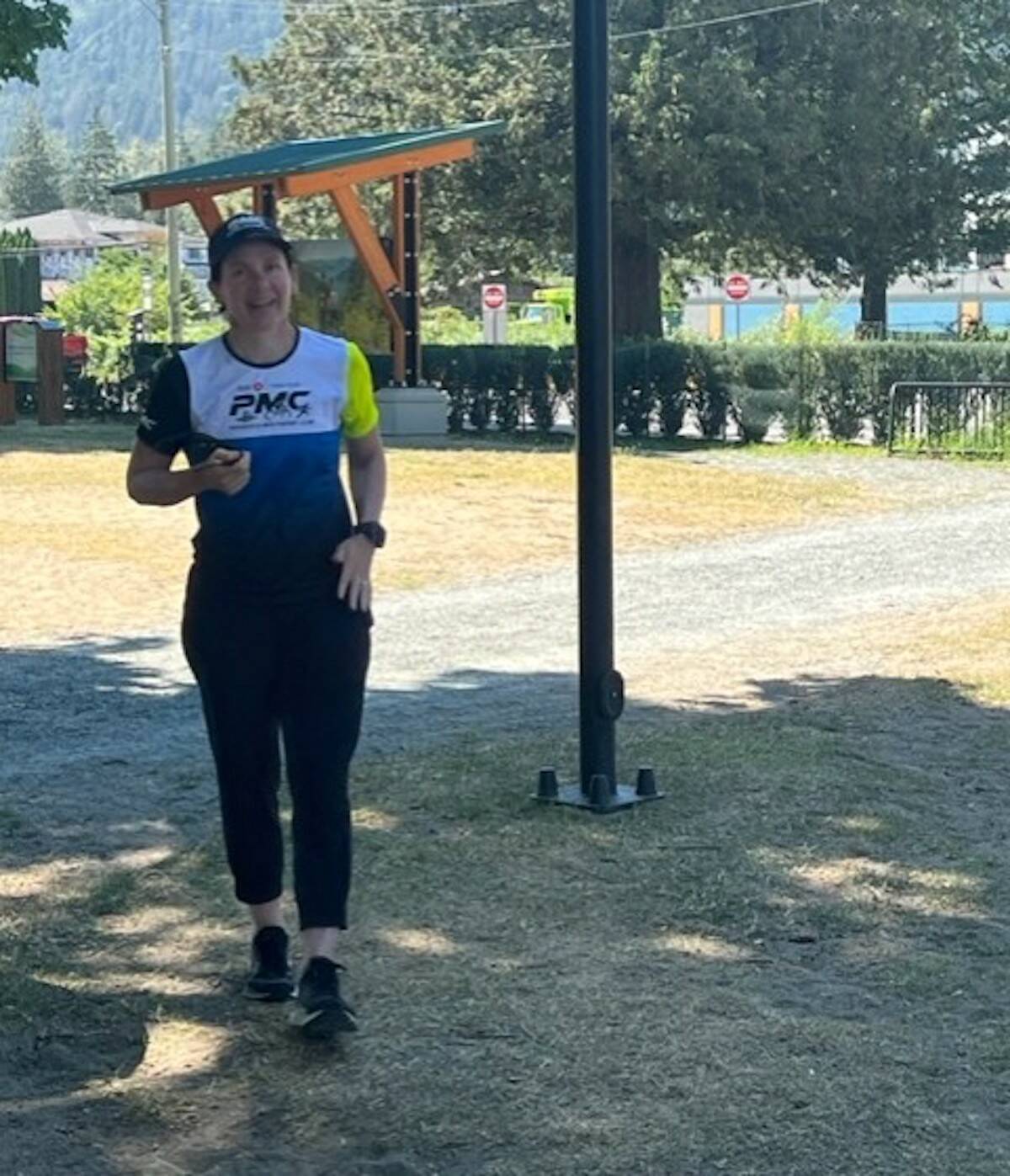 Jen Soti during her post-swim run/walk at Harrison Lake on Thursday, Aug. 17, 2023. (Contributed photo)