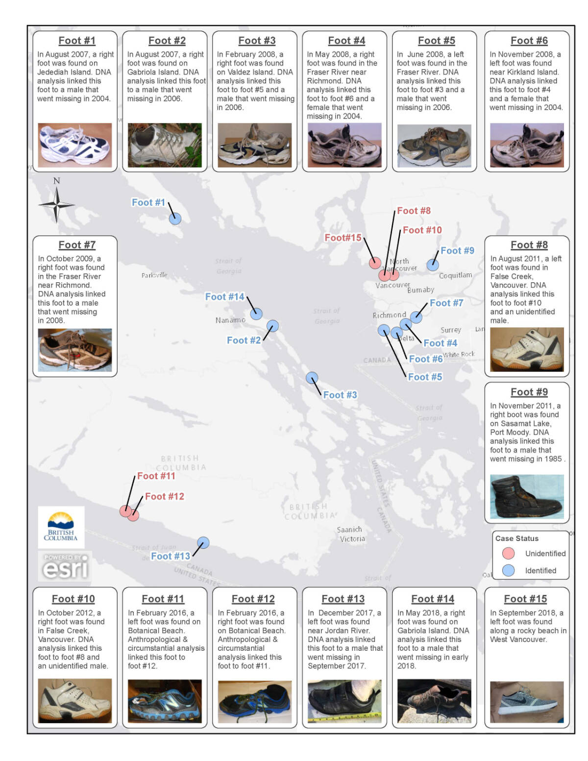 A map from 2019 of the shoes and feet discovered across B.C. (Courtesy B.C. government)