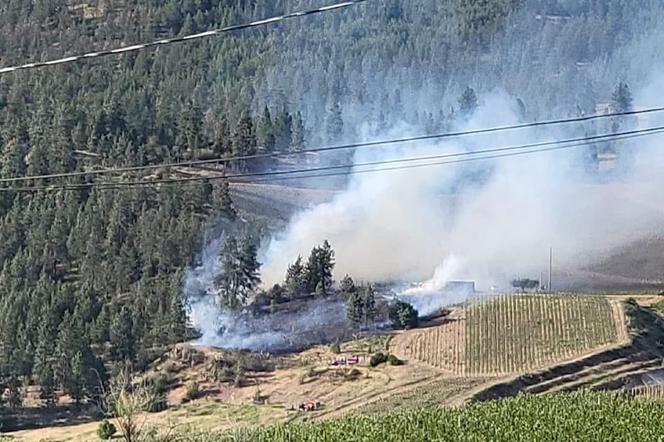 Fire crews are on scene of a grass fire near Spion Kop Mountain in Lake Country on June 11, 2024. 