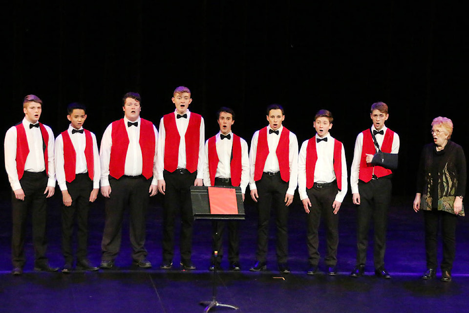 The Acafellas group from the Cowichan Valley Youth Choir sing O Canada before entertaining the audience with two songs, under the direction of Sheila Hilton Johnson.