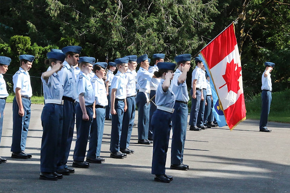 Members of the 744 (Cowichan) Royal Acadian Air Cadet Squadron line up for their 56th annual review on June 1, 2019. (Lexi Bainas/Citizen)