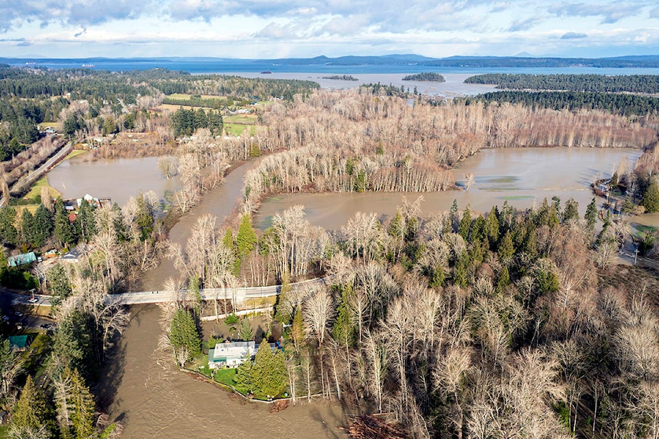 Extent of the flood zone along Chemainus Road by the Chemainus River can be seen from this aerial drone viewpoint. (Photo by Shawn Wagar)