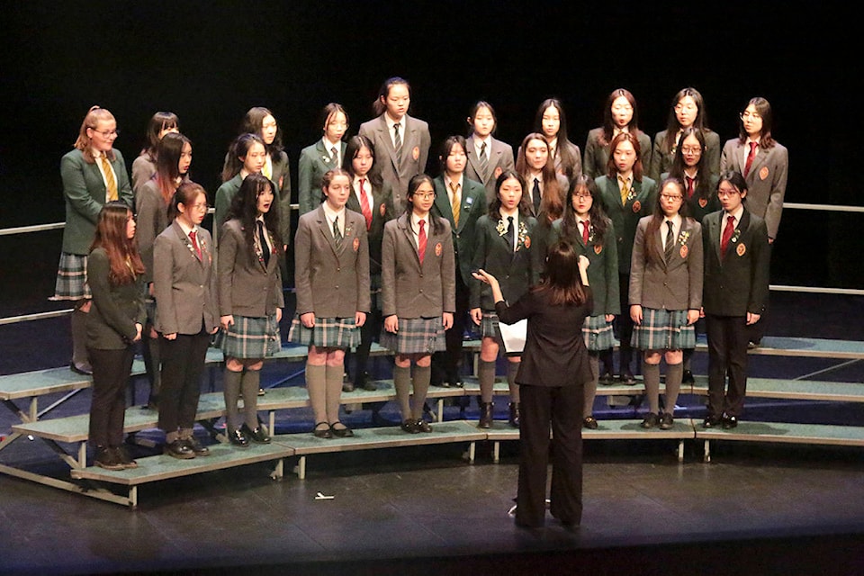 The Senior Concert Choir from Queen Margaret’s School sings ‘Lux Aeterna’ by Mechelle Roueché, under the direction of Alison Hounsome during the Cowichan Music Festival’s Highlights Concert at the Cowichan Performing Arts Centre on March 1, 2020. (Kevin Rothbauer/Citizen)